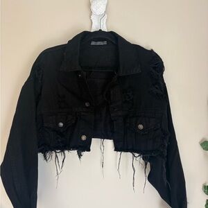 Carmar Black Cropped Denim Jacket with Distressed Details